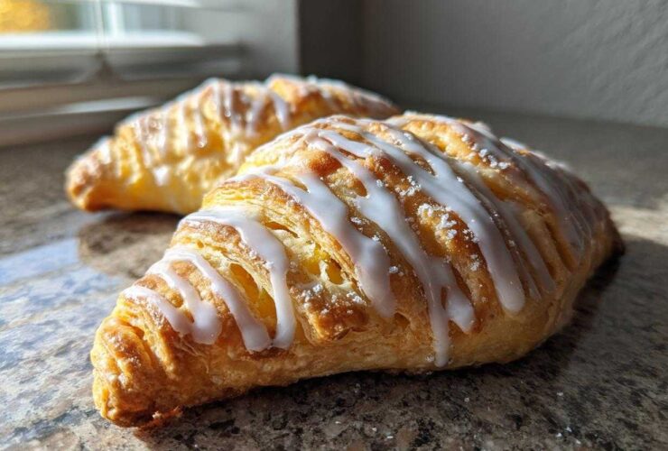 Two flaky classic apple turnovers with biscuits drizzled with white icing, resting on a granite countertop.