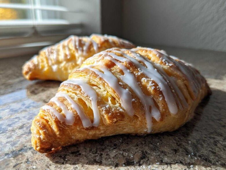 Two flaky classic apple turnovers with biscuits drizzled with white icing, resting on a granite countertop.