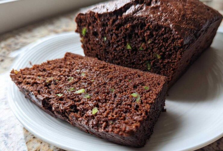 A slice cut from a moist Classic Chocolate Zucchini Loaf Cake, showing green zucchini shreds within the dark chocolate crumb.