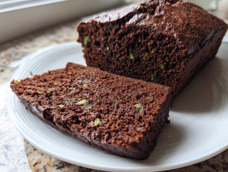 A slice cut from a moist Classic Chocolate Zucchini Loaf Cake, showing green zucchini shreds within the dark chocolate crumb.
