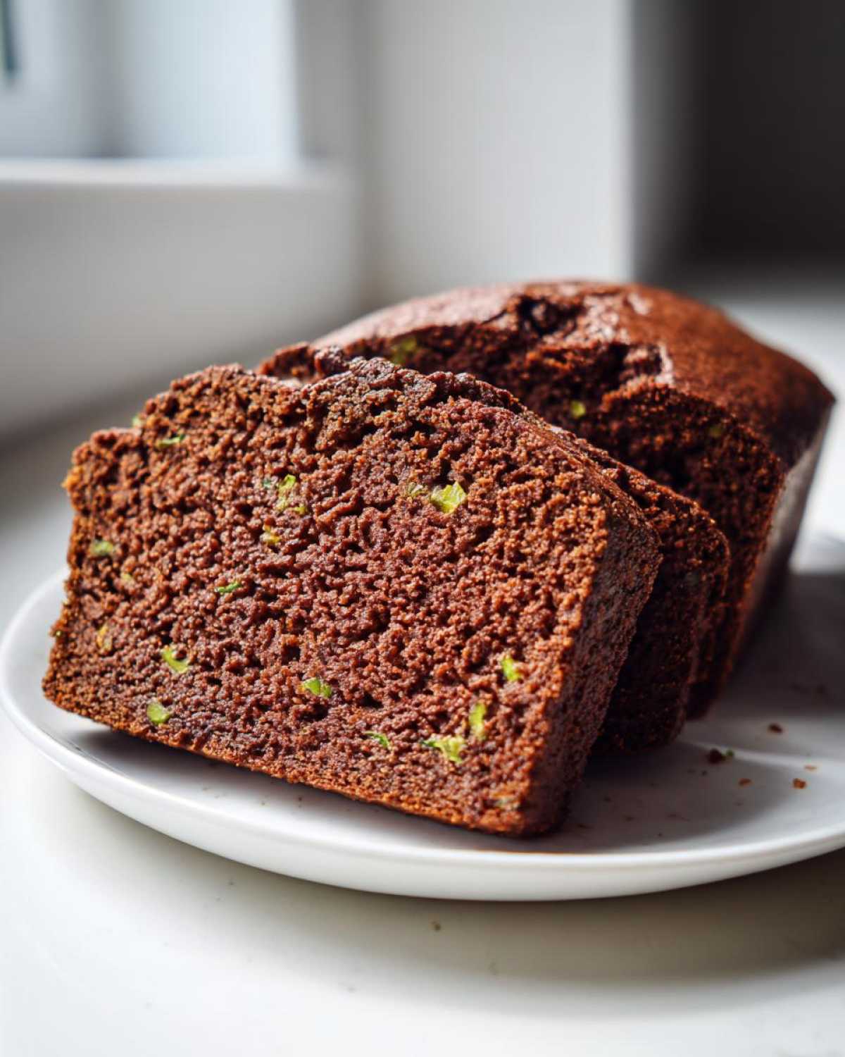 Close-up of sliced Classic Chocolate Zucchini Loaf Cake showing moist texture and green zucchini flecks.