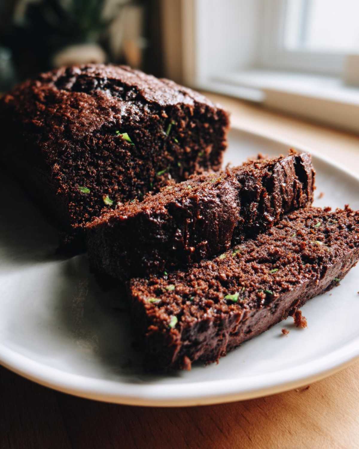 Close-up of a moist Classic Chocolate Zucchini Loaf Cake, partially sliced on a white plate, showing bits of green zucchini.