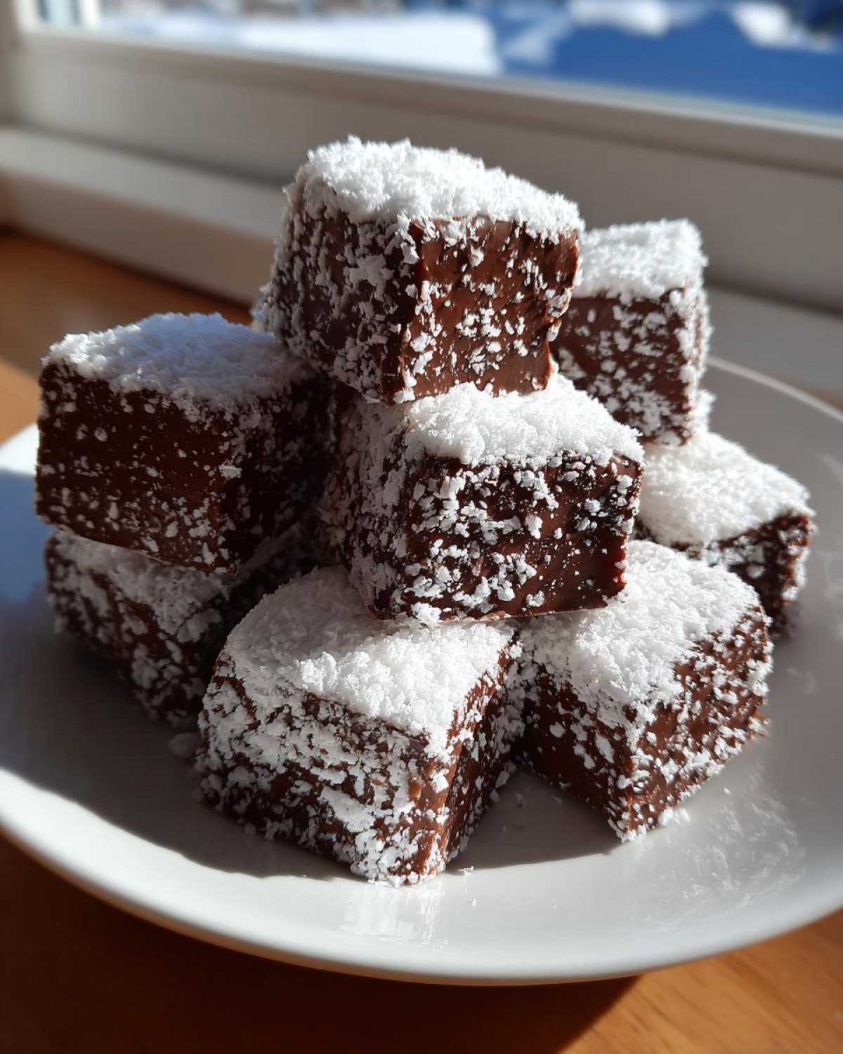A stack of rich, dark chocolate squares coated in shredded coconut, resembling cool whip candy.