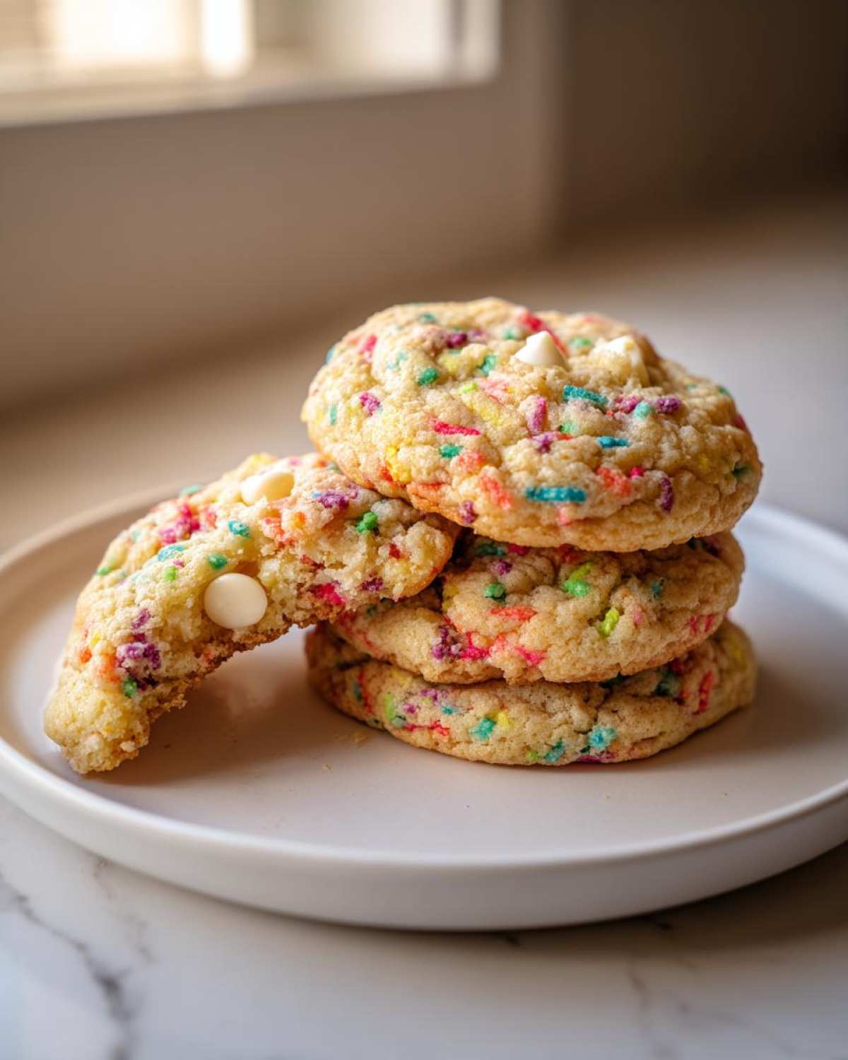 A stack of four soft, colorful cake batter cookies, one broken open showing white chocolate chips.