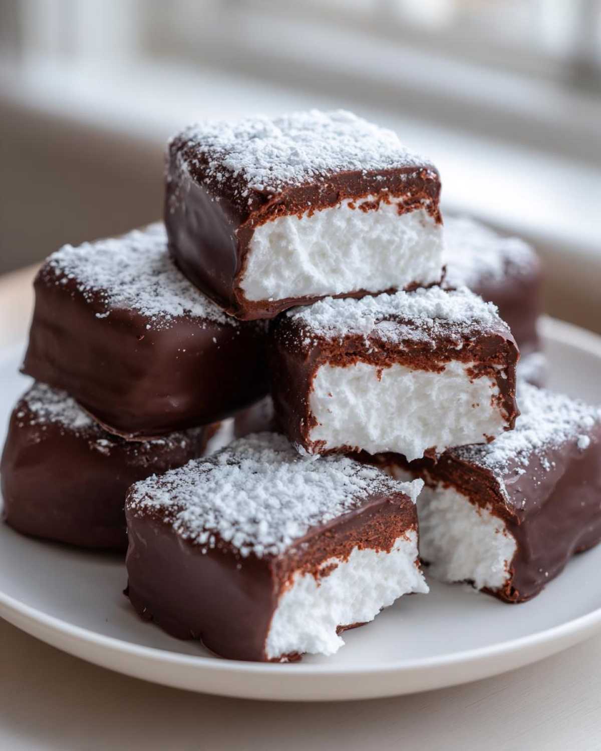 A stack of homemade cool whip candy squares coated in dark chocolate and dusted with powdered sugar.