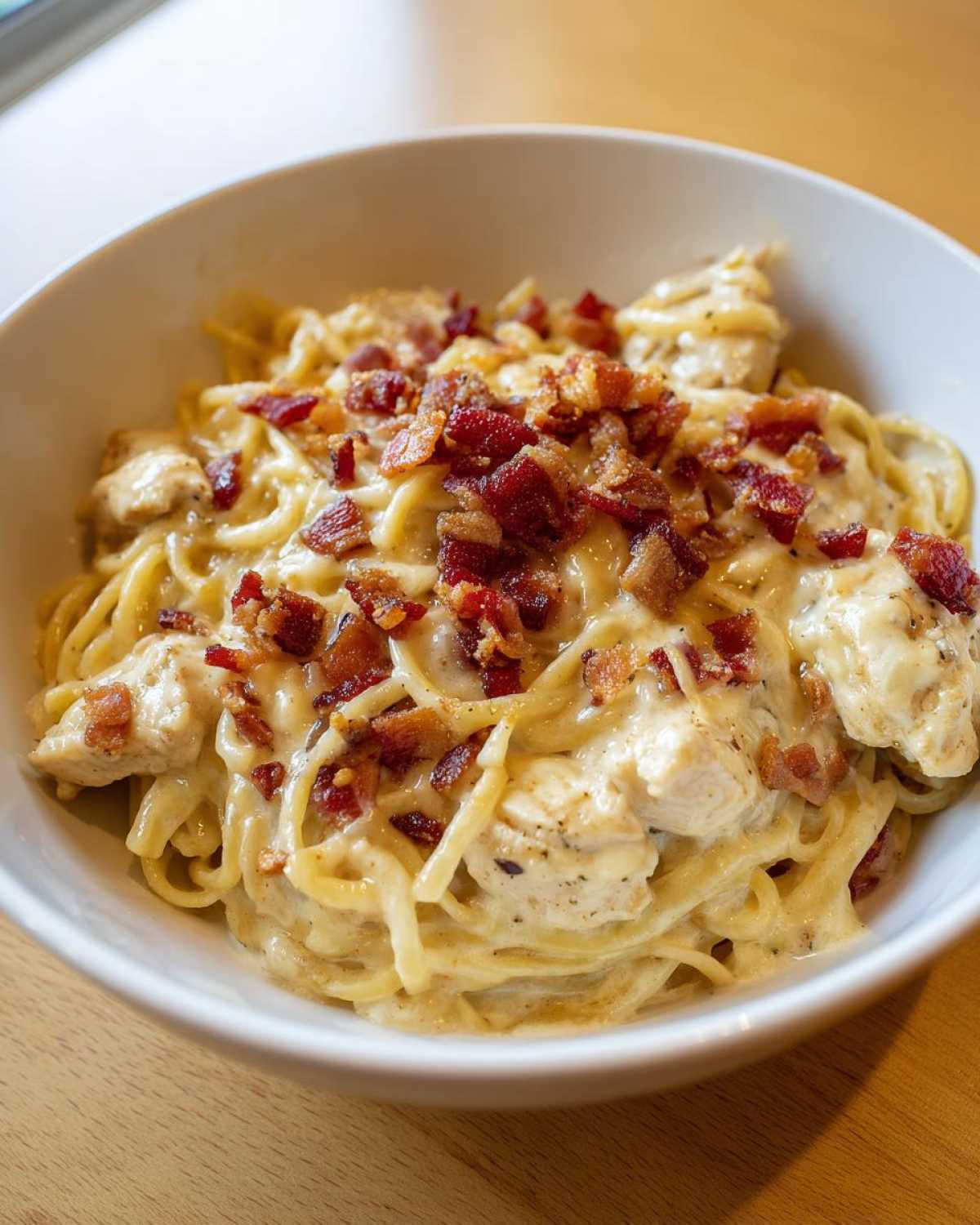 Close-up of a bowl of creamy Crack chicken pasta topped generously with crispy bacon bits.