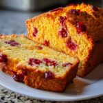 A close-up of a freshly baked Cranberry Orange Loaf Bread, sliced and resting on a white plate.