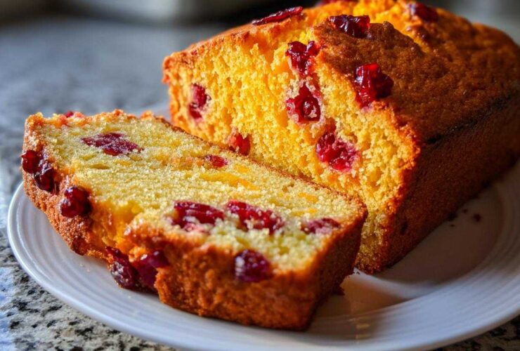 A close-up of a freshly baked Cranberry Orange Loaf Bread, sliced and resting on a white plate.