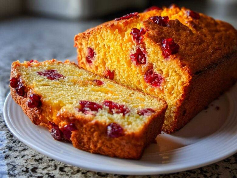 A close-up of a freshly baked Cranberry Orange Loaf Bread, sliced and resting on a white plate.