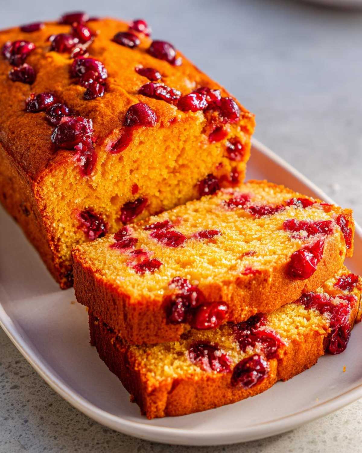 Close-up of a moist Cranberry Orange Loaf Bread, partially sliced, showing bright red cranberries throughout the golden crumb.