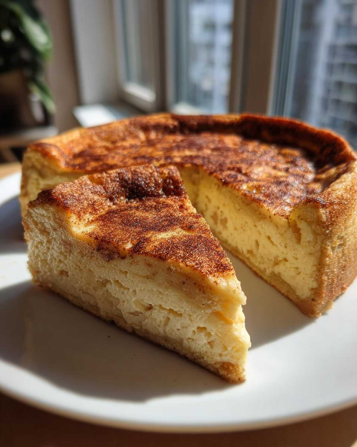 A slice of creamy apple custard impossible pie dusted with cinnamon sugar sits next to the main pie.