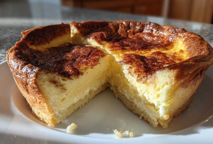 A cross-section view of a creamy apple custard impossible pie with a golden-brown, slightly burnt top.