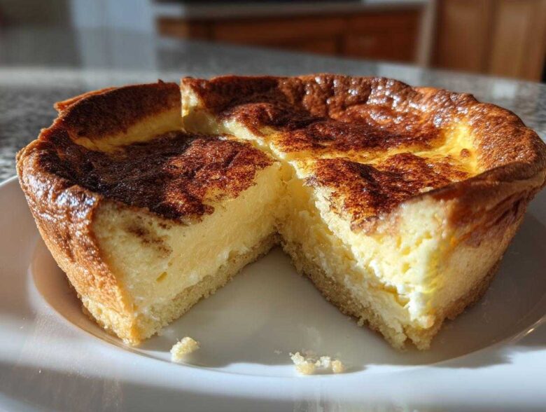 A cross-section view of a creamy apple custard impossible pie with a golden-brown, slightly burnt top.