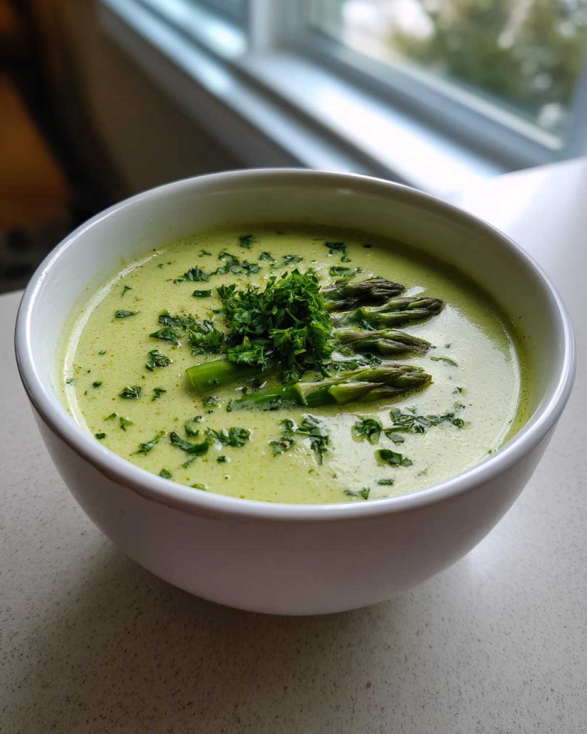 A close-up of a white bowl filled with creamy green asparagus soup, topped with whole asparagus tips and chopped parsley.