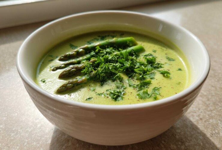 A close-up of a bowl of creamy asparagus soup, topped with whole asparagus spears and fresh chopped parsley.