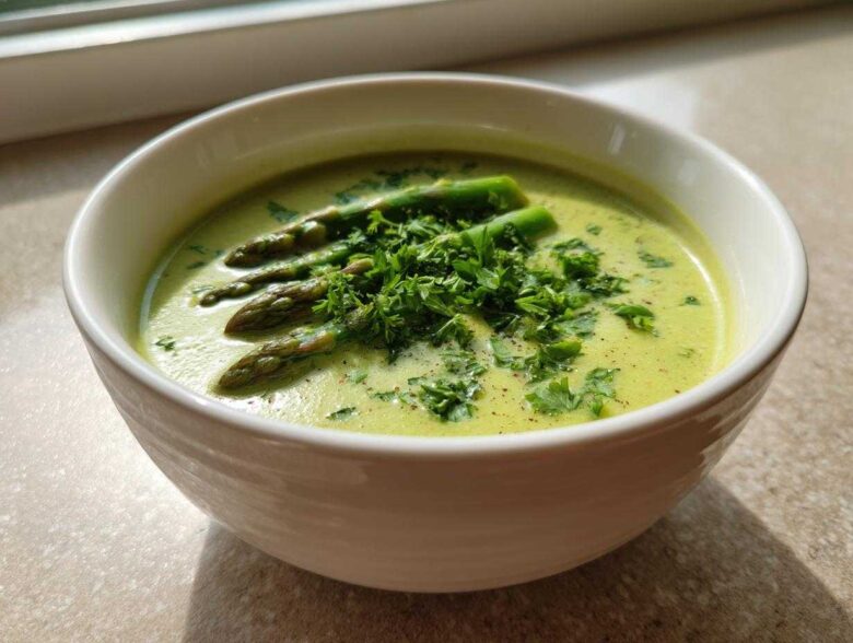 A close-up of a bowl of creamy asparagus soup, topped with whole asparagus spears and fresh chopped parsley.