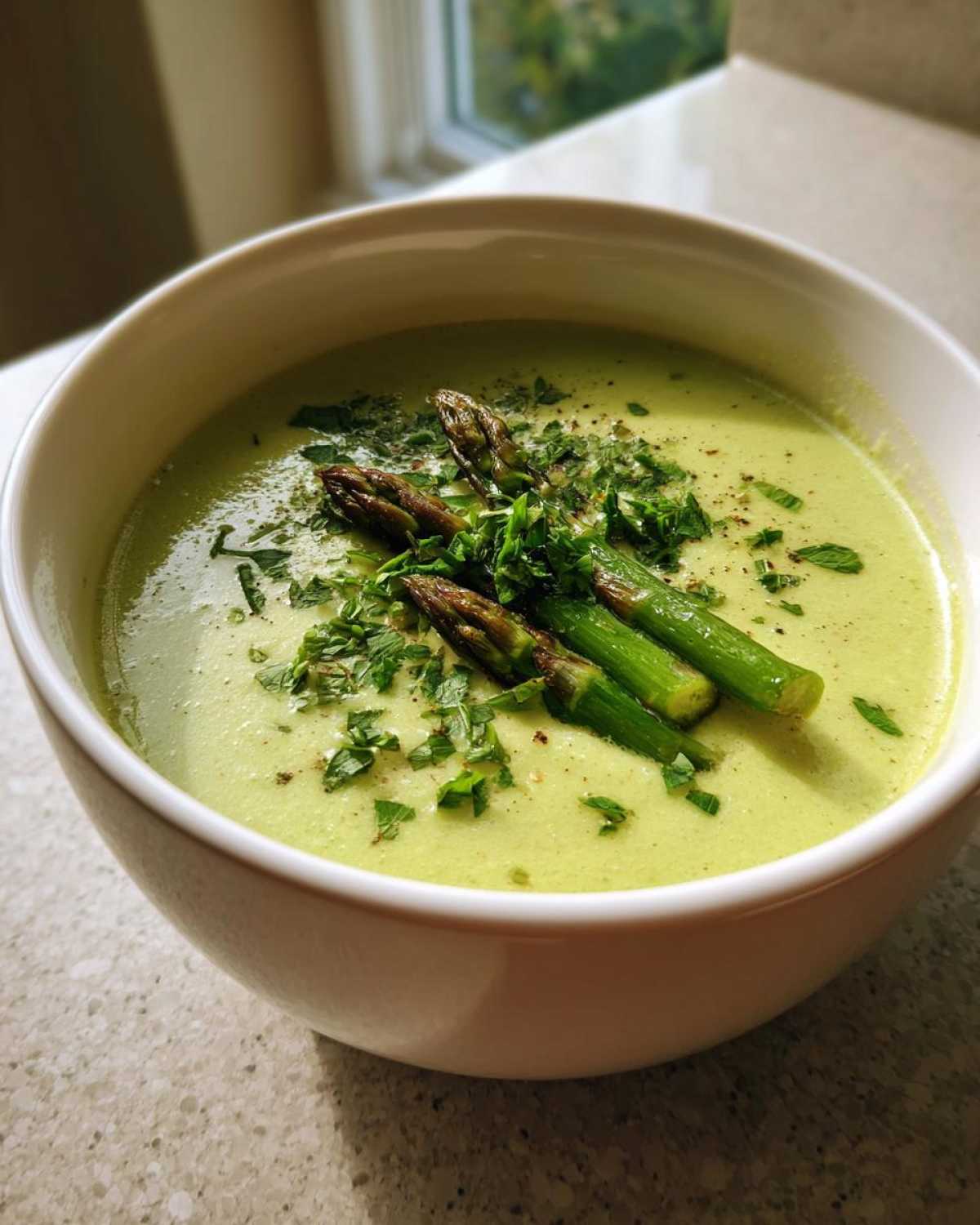 A close-up of a bowl of vibrant green creamy asparagus soup, topped with roasted asparagus tips and fresh herbs.