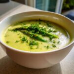 A close-up of creamy asparagus soup in a white bowl, garnished with whole asparagus tips and chopped parsley.