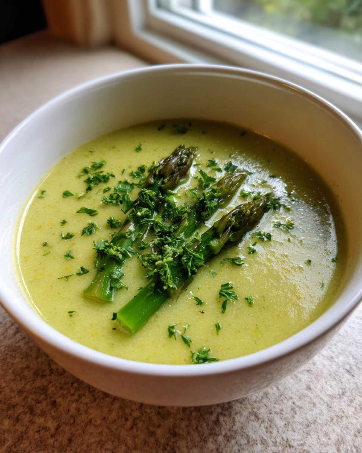 Close-up of a bowl of creamy asparagus soup garnished with whole asparagus tips and chopped parsley.