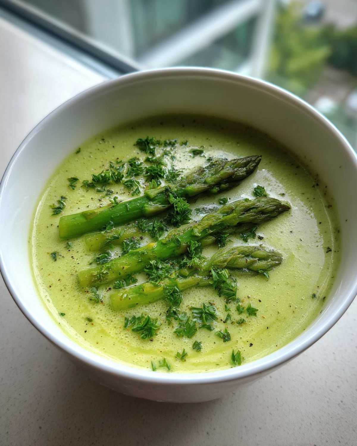 A close-up of creamy asparagus soup in a white bowl, garnished with whole asparagus tips and chopped parsley.