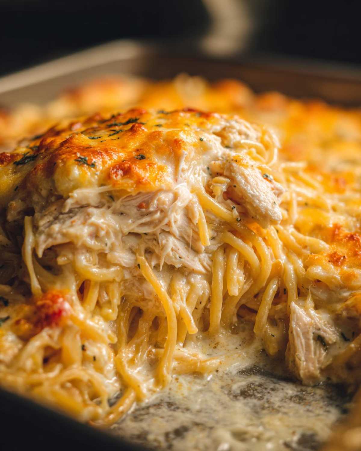 A close-up shot showing a serving being lifted from a baked chicken spaghetti casserole, featuring creamy sauce, shredded chicken, and a golden-brown cheesy top.