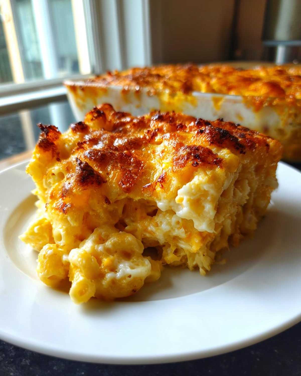 A close-up serving of creamy baked mac and cheese with a perfectly browned, crispy cheese crust.