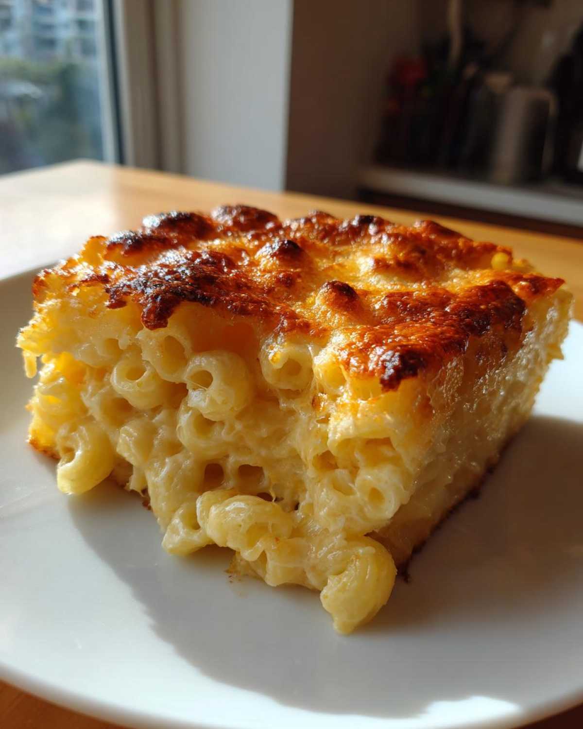 A square serving of creamy baked mac and cheese with a deeply browned, cheesy crust on a white plate.