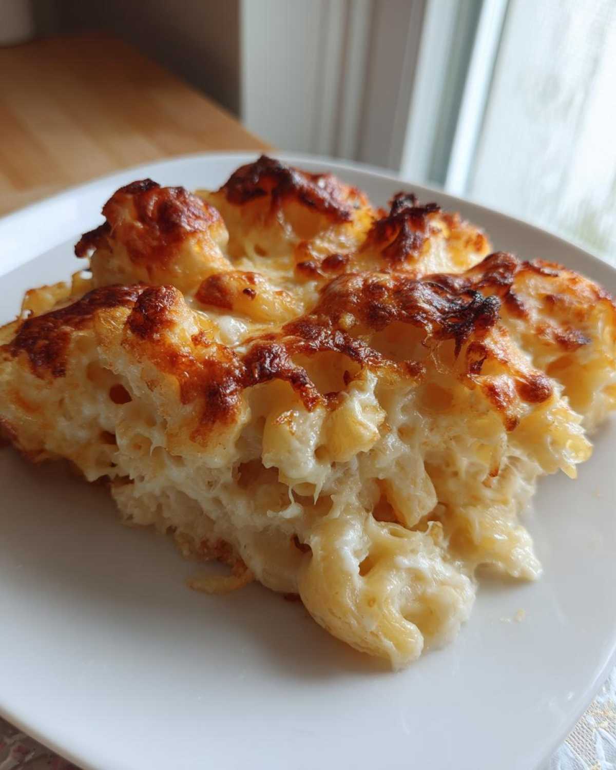 A close-up serving of creamy baked mac and cheese showing gooey pasta and a deeply browned, crispy cheese crust.