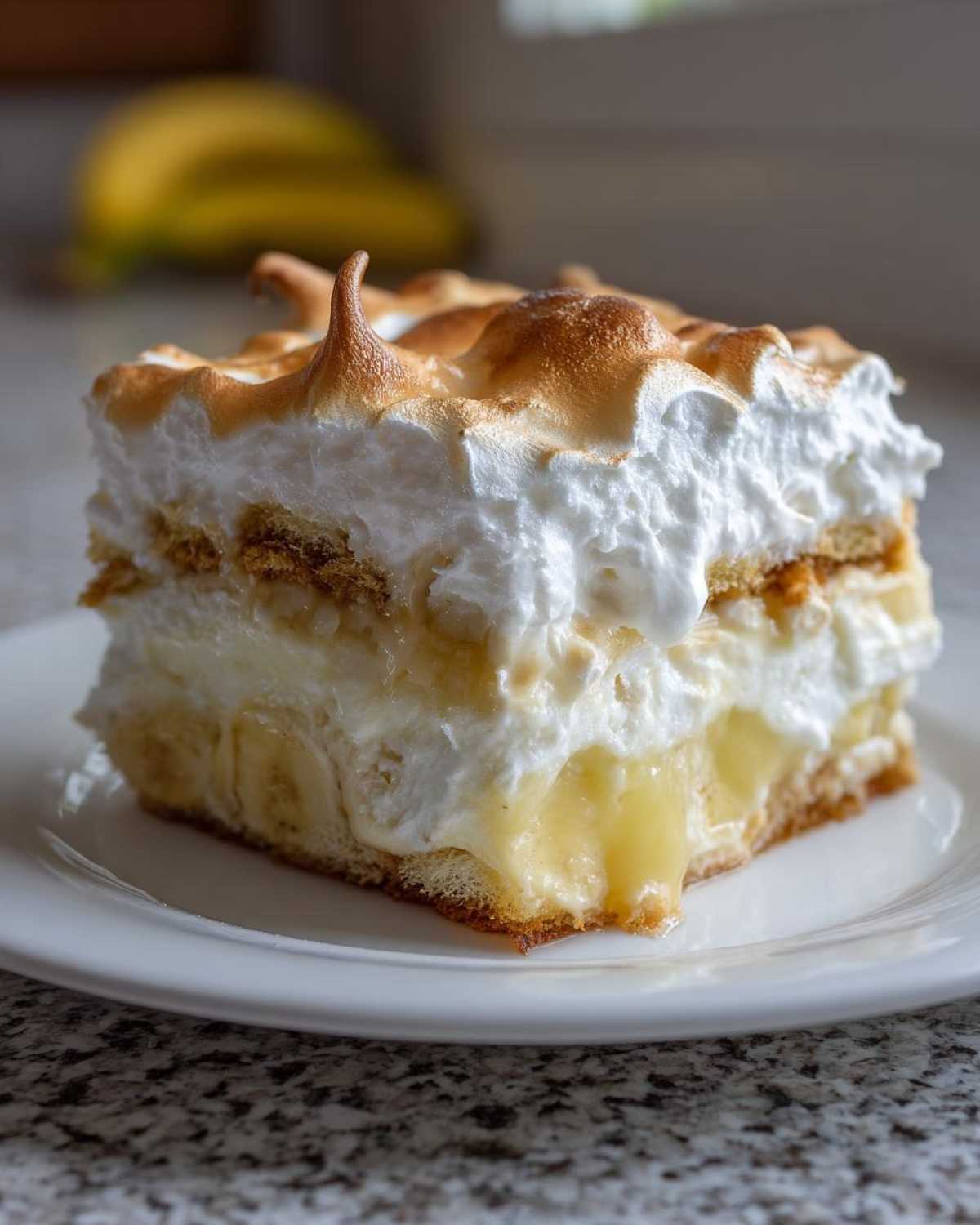 A decadent slice of a creamy banana pudding made for dessert, featuring layers of pudding, bananas, wafers, and toasted meringue topping.