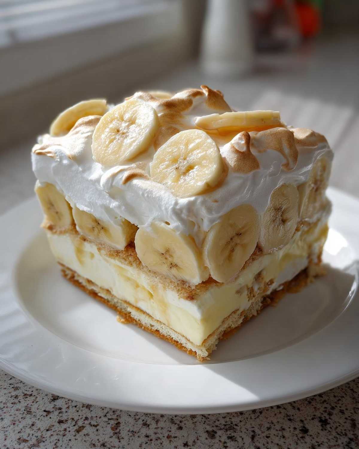 A decadent square slice of a creamy banana pudding made for dessert, topped with whipped cream, toasted meringue, and fresh banana slices.