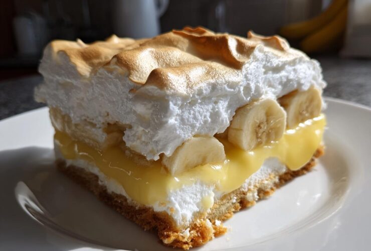 A close-up of a layered slice of creamy banana pudding made for dessert, featuring vanilla wafers, custard, banana slices, and toasted meringue.