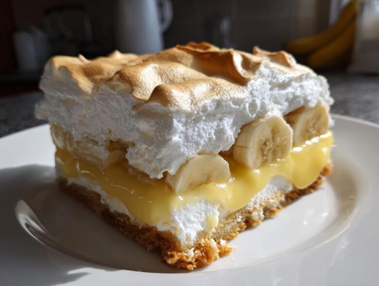 A close-up of a layered slice of creamy banana pudding made for dessert, featuring vanilla wafers, custard, banana slices, and toasted meringue.