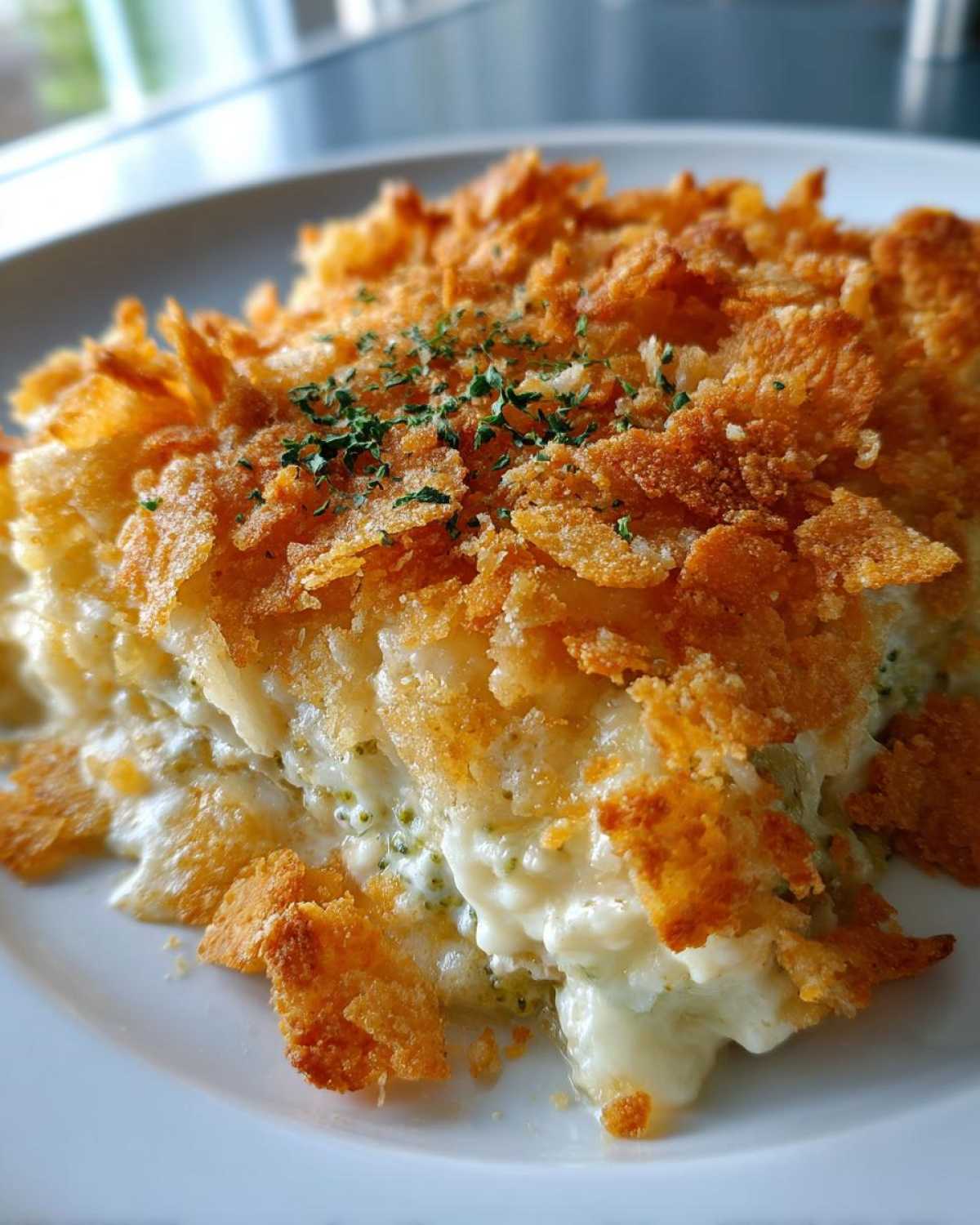 A close-up of a serving of creamy broccoli casserole topped with golden, crunchy cornflakes or breadcrumbs.