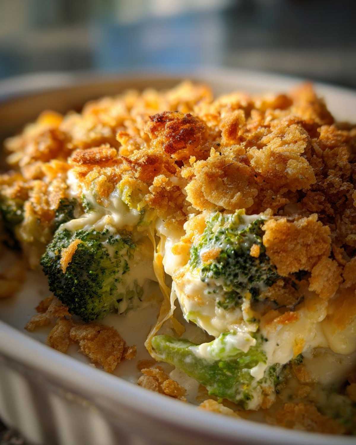 A close-up view of a creamy, cheesy broccoli casserole topped with golden brown, crunchy breadcrumbs.