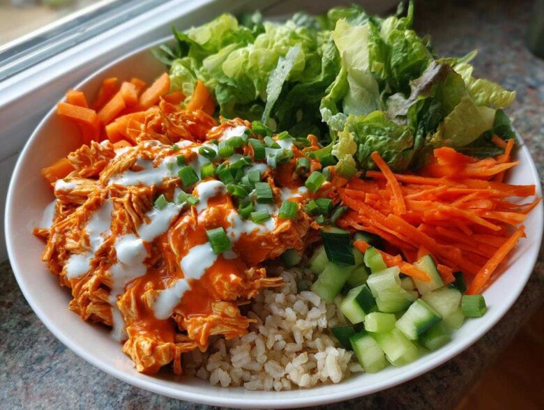 A vibrant buffalo chicken bowl featuring shredded chicken tossed in orange sauce, drizzled with ranch, over brown rice, surrounded by lettuce, carrots, and cucumbers.