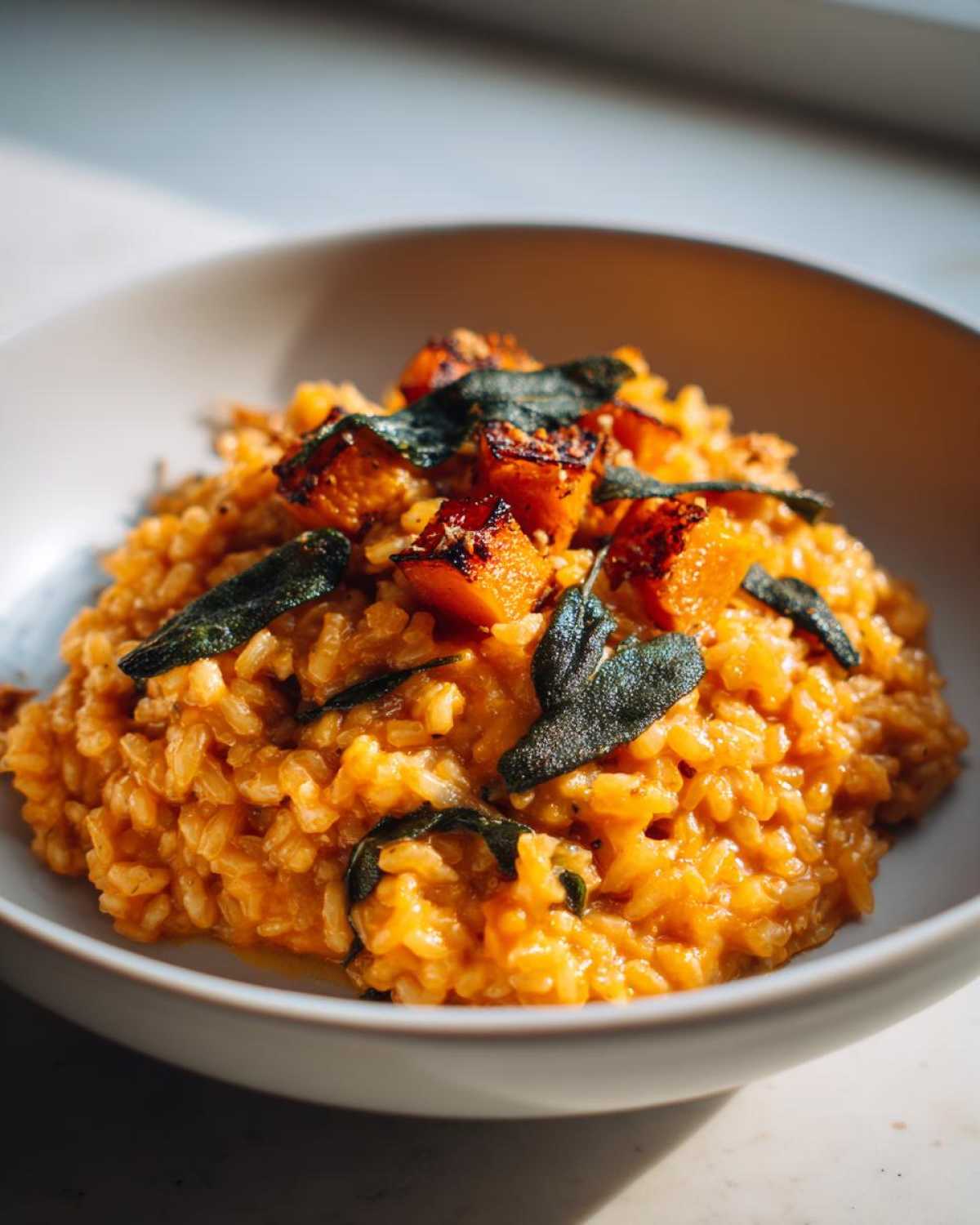 A close-up of creamy, orange Butternut Squash Risotto topped with roasted squash cubes and crispy fried sage leaves.