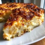 A close-up of a thick slice of creamy cheesy scalloped potatoes with a deeply browned, crispy top crust.