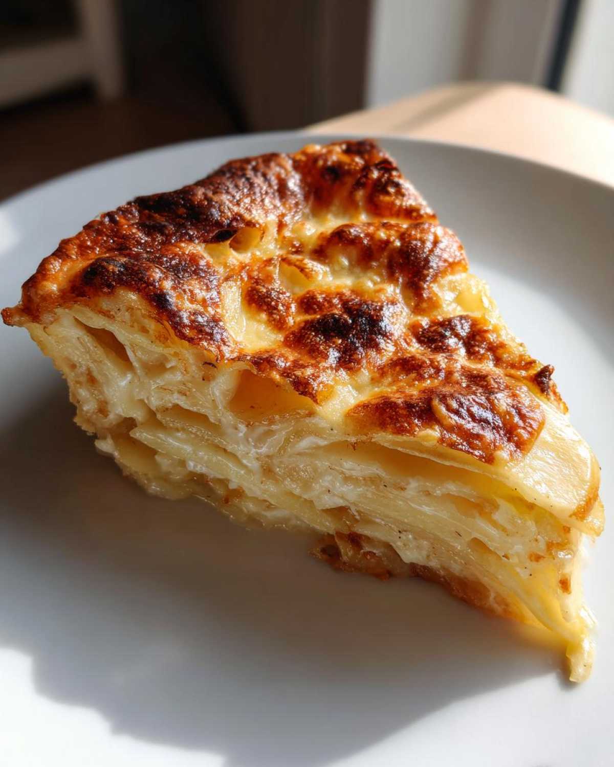 A perfect wedge of creamy cheesy scalloped potatoes with a golden-brown, bubbly top crust.