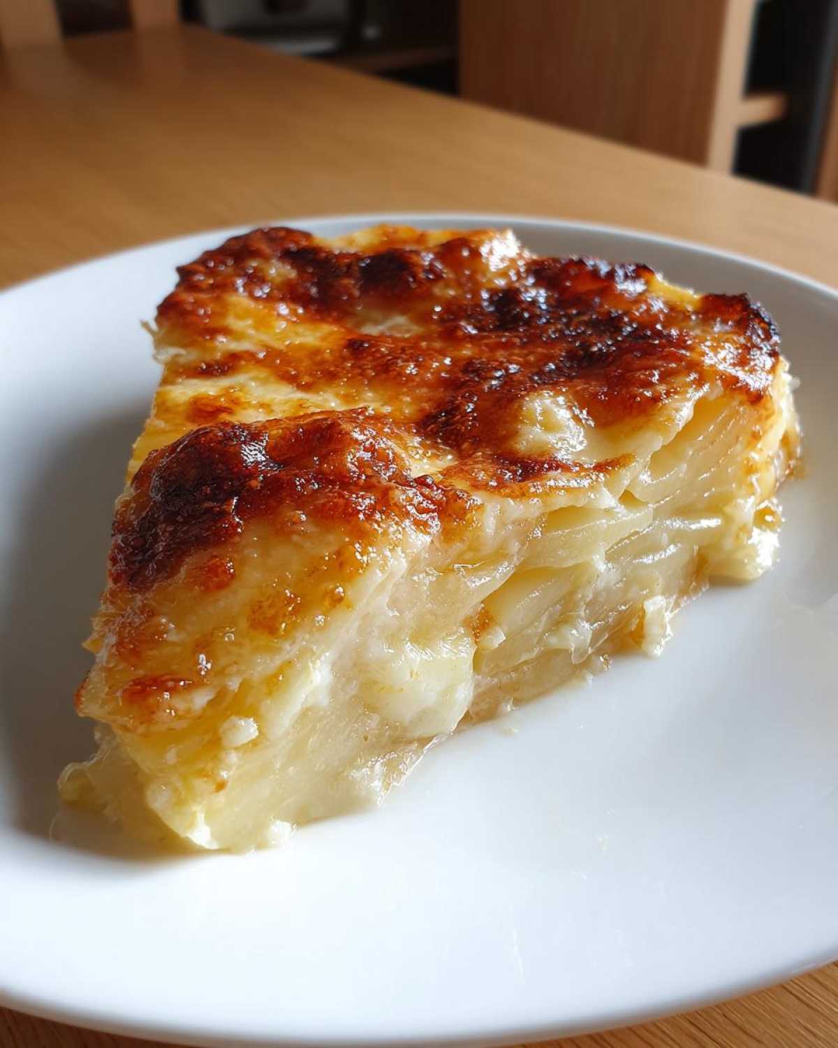 A generous slice of creamy cheesy scalloped potatoes with a golden-brown, bubbly top crust.