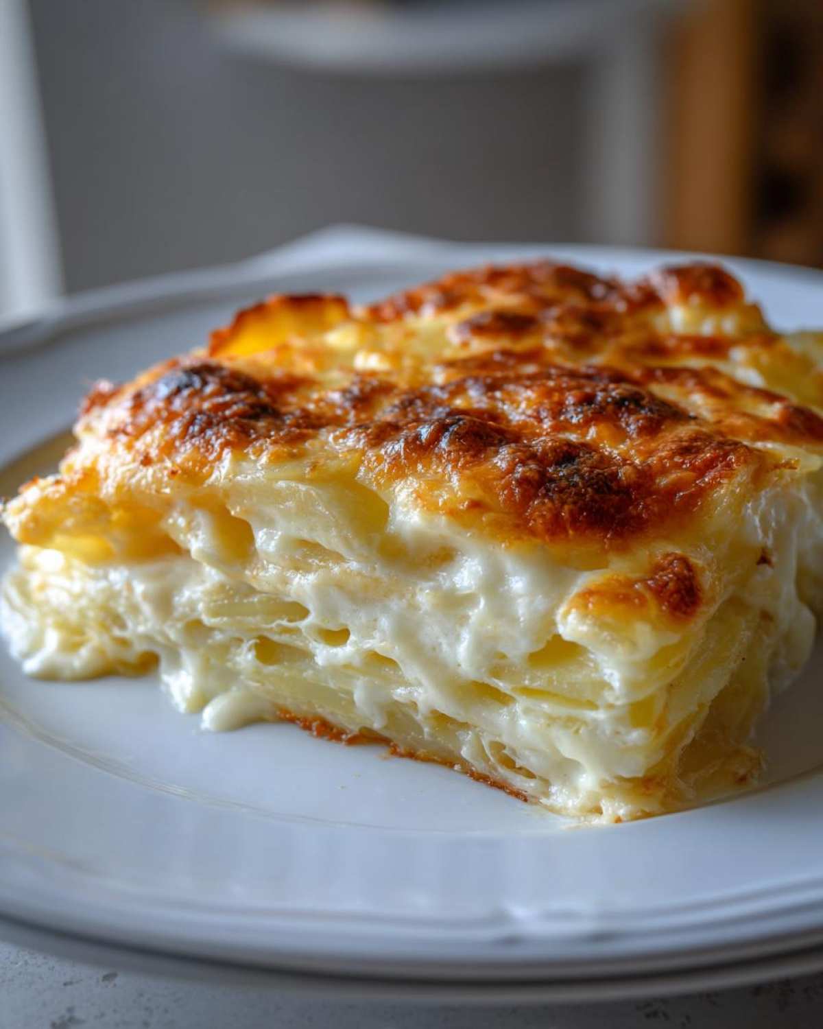 A thick slice of creamy cheesy scalloped potatoes with a golden-brown, bubbly top, served on a white plate.