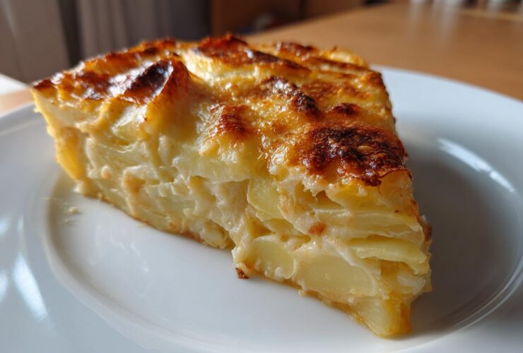 A perfect slice of creamy cheesy scalloped potatoes with a golden brown, bubbly top served on a white plate.
