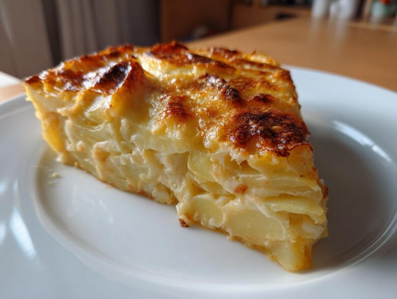 A perfect slice of creamy cheesy scalloped potatoes with a golden brown, bubbly top served on a white plate.