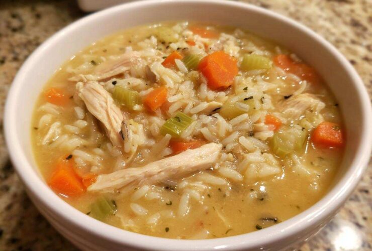Close-up of a creamy chicken and rice soup featuring shredded chicken, diced carrots, and celery, perfect for a comforting wild rice soup recipe.