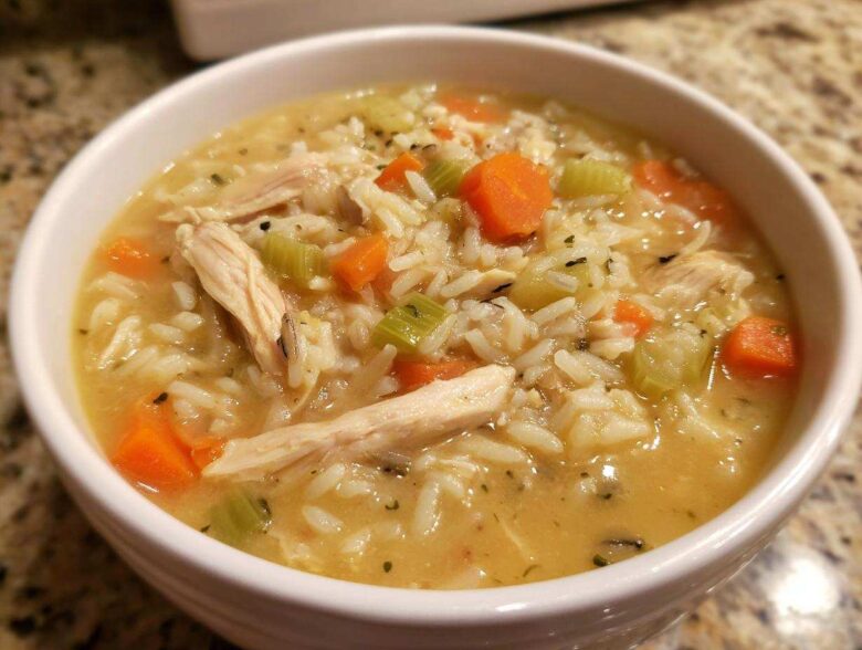 Close-up of a creamy chicken and rice soup featuring shredded chicken, diced carrots, and celery, perfect for a comforting wild rice soup recipe.