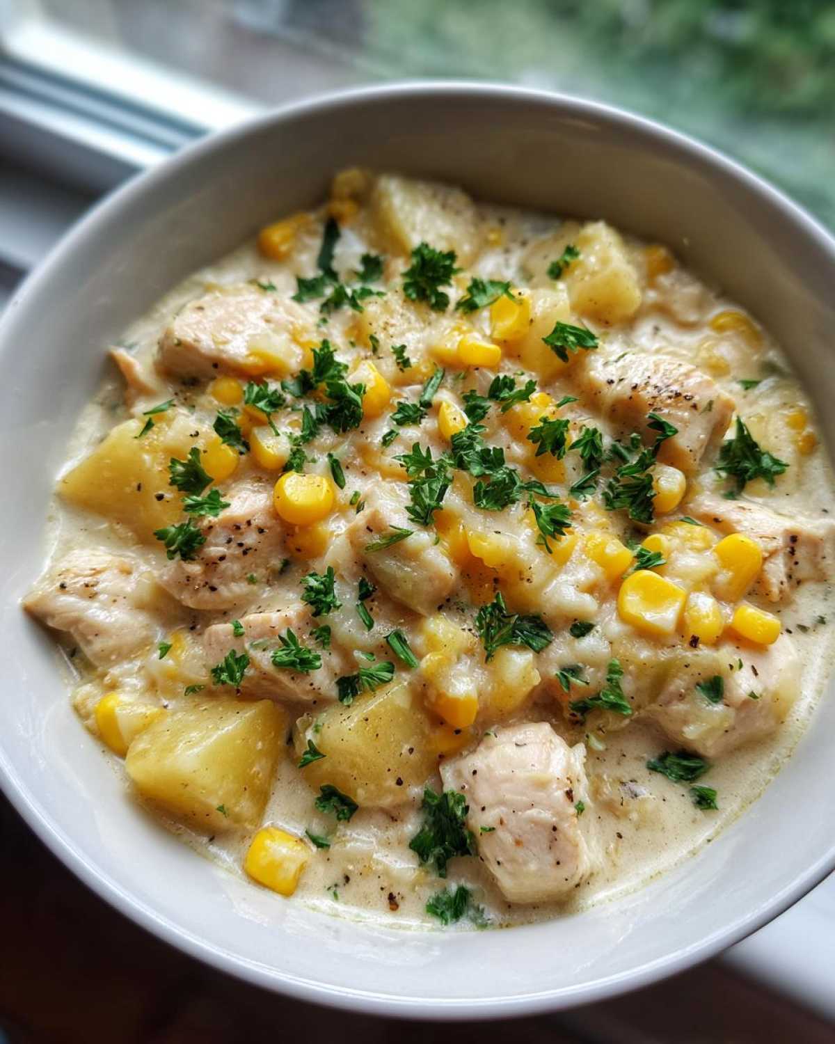 Close-up of a hearty bowl of creamy chicken corn chowder, topped with fresh parsley.