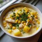 A close-up of a hearty bowl of creamy chicken corn chowder, topped with fresh parsley.