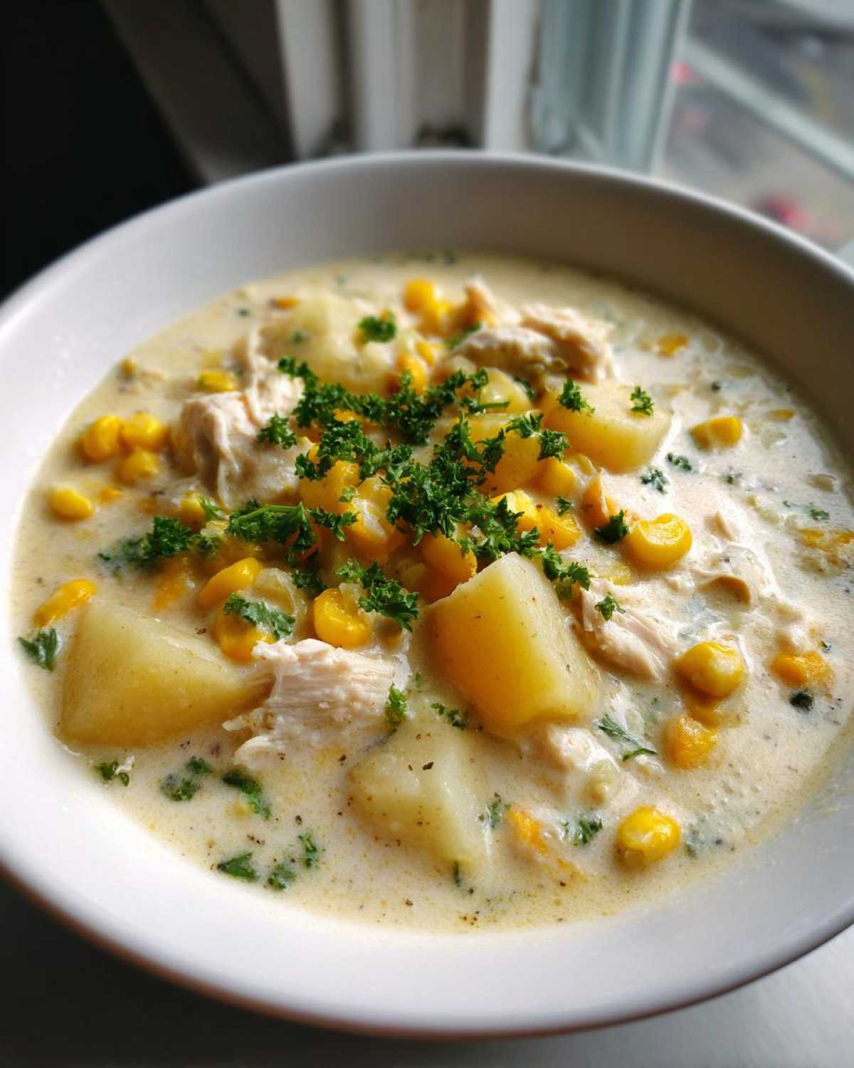 Close-up of a creamy bowl of chicken corn chowder, featuring chunks of potato, shredded chicken, corn, and fresh parsley.
