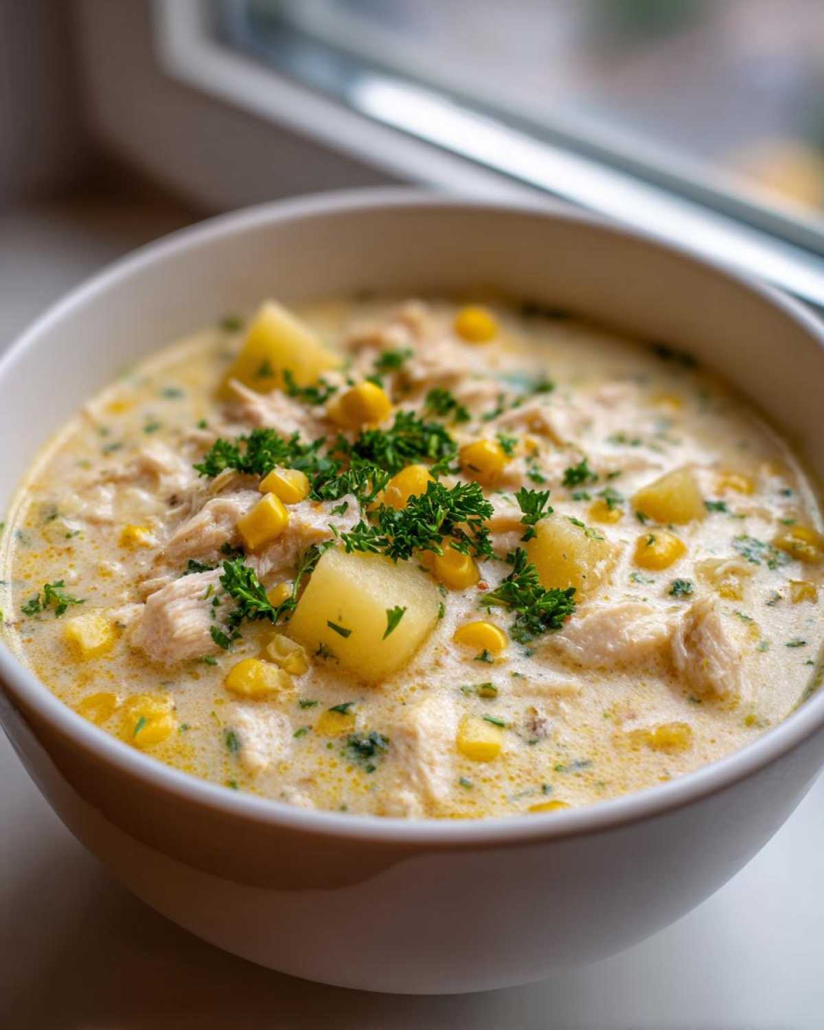 Close-up of a creamy chicken corn chowder bowl, topped with corn kernels, potato chunks, and fresh parsley.