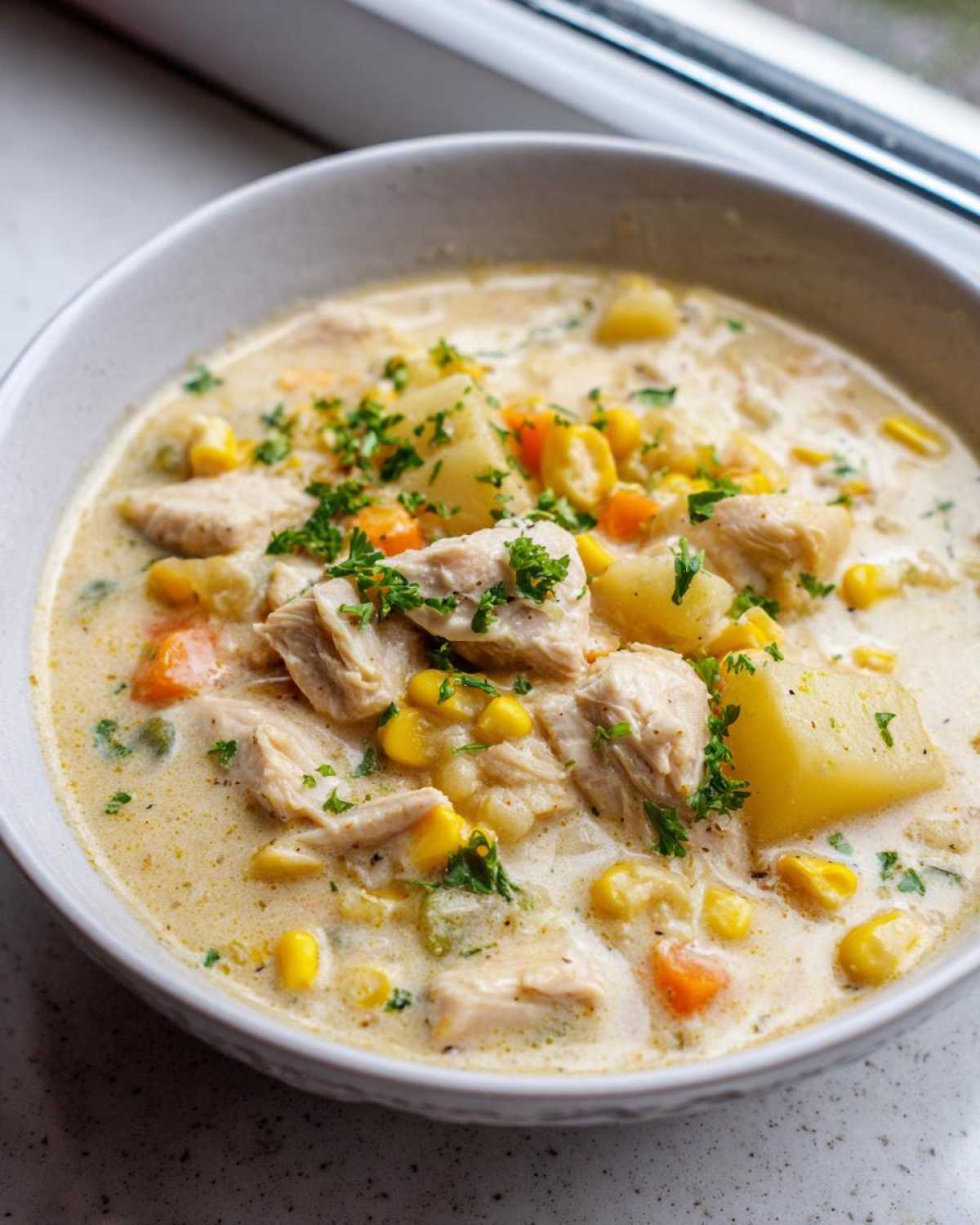 Close-up of a hearty bowl of creamy chicken corn chowder, featuring chunks of chicken, potatoes, corn, and parsley garnish.
