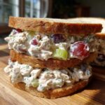 A tall, double-decker chicken salad sandwich featuring creamy filling, red grapes, and celery on toasted bread.